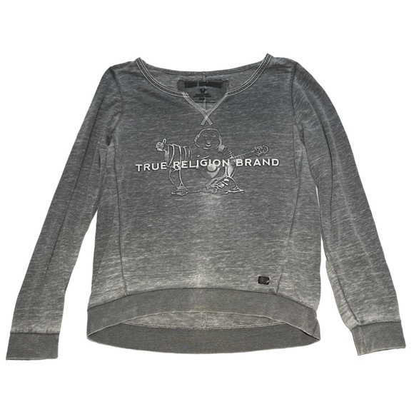 TRUE RELIGION women's grey lightweight graphic crew FLC sweater, size medium. - Picture 1 of 3